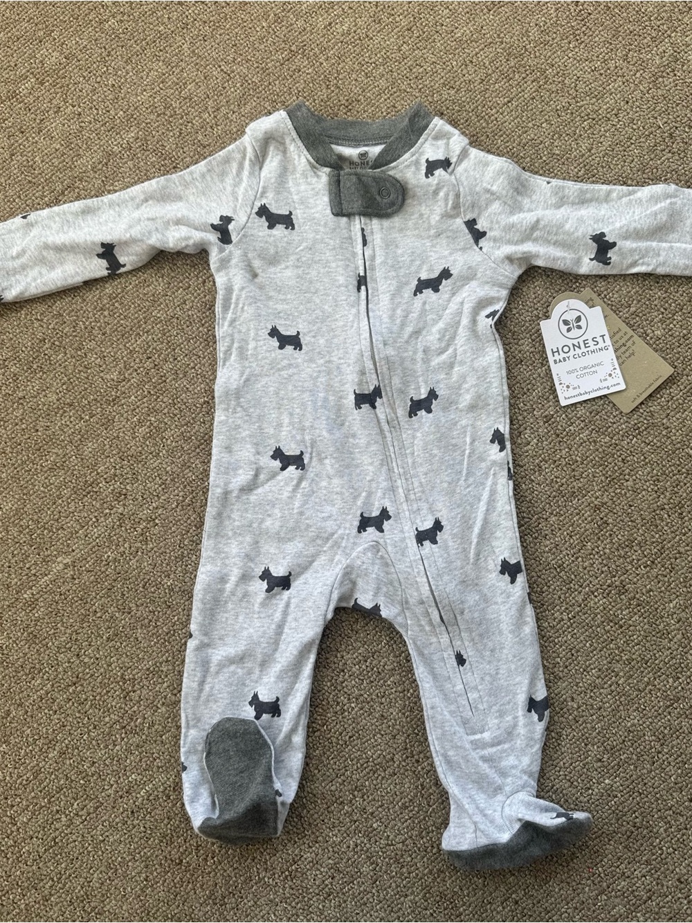 Honest Baby 0-3 Month Gray Footed One-Piece with Dog Print New With Tags